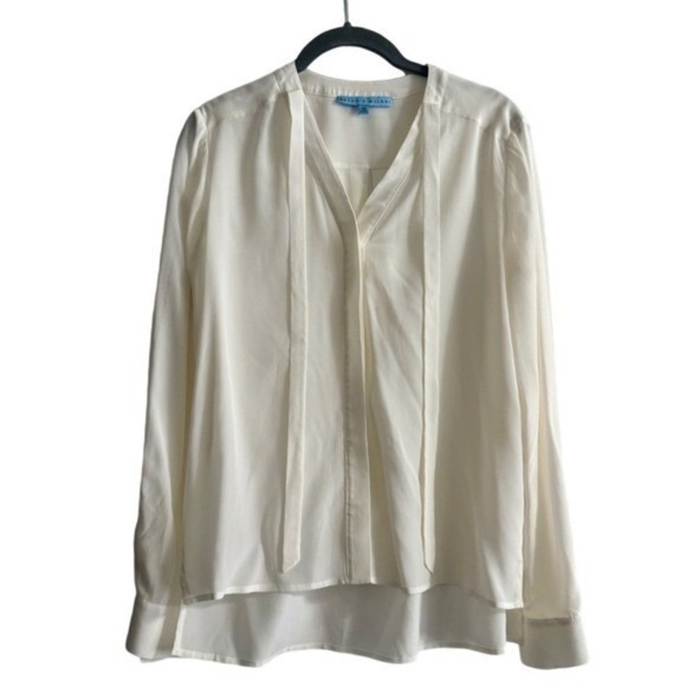 Antonio Melani 100% Silk Blouse Cream Tie-Neck Bow Long Sleeve Quiet Luxury XS